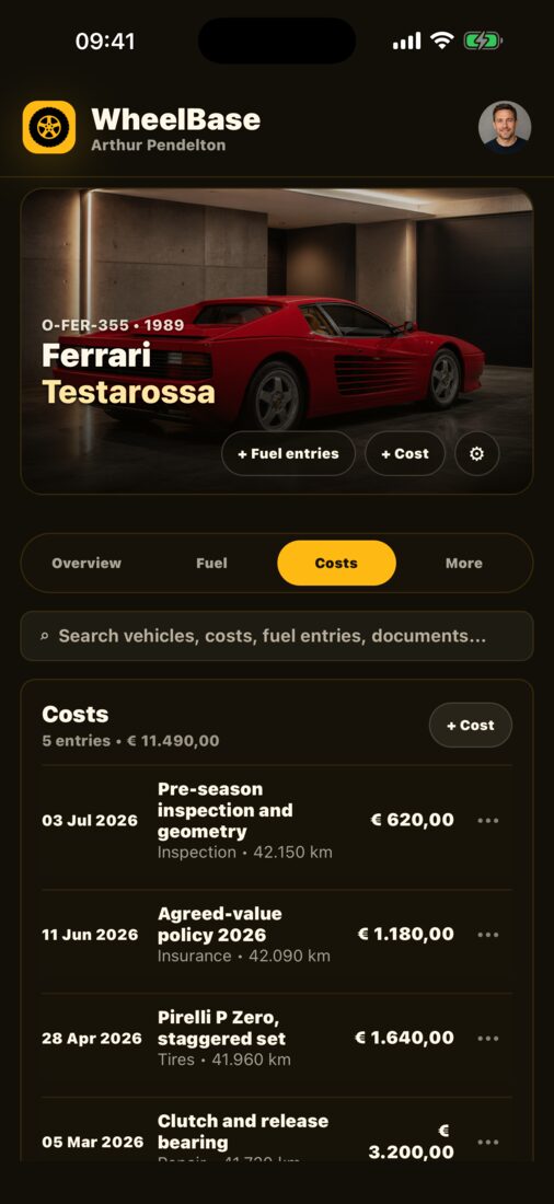 Cost list for a 1989 Ferrari Testarossa with categories, suppliers and amounts per entry.