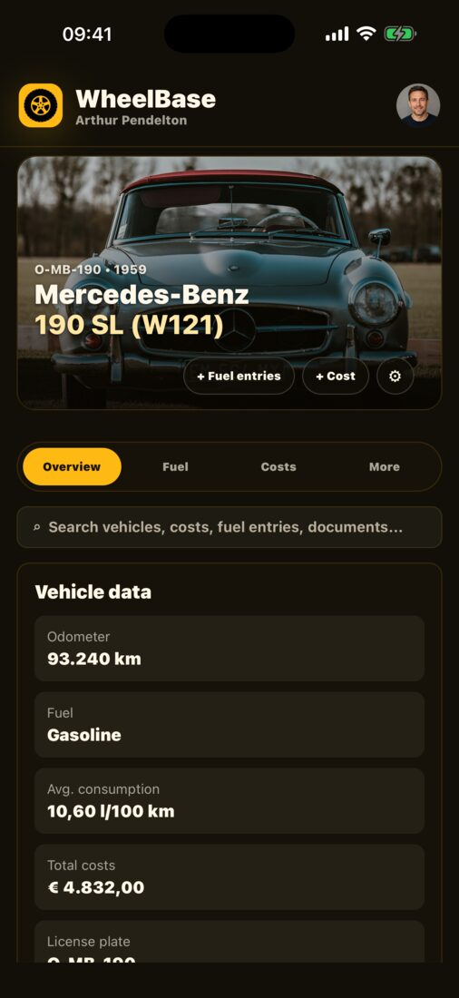 Vehicle overview of a 1959 Mercedes-Benz 190 SL showing odometer, fuel type, average consumption and total costs.
